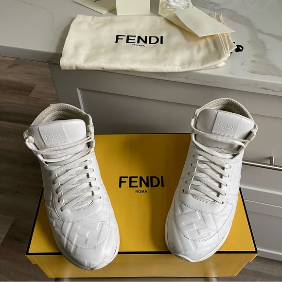 FENDI - FFreedom High Top Sneakers - White Leather FF Logo Sz 38